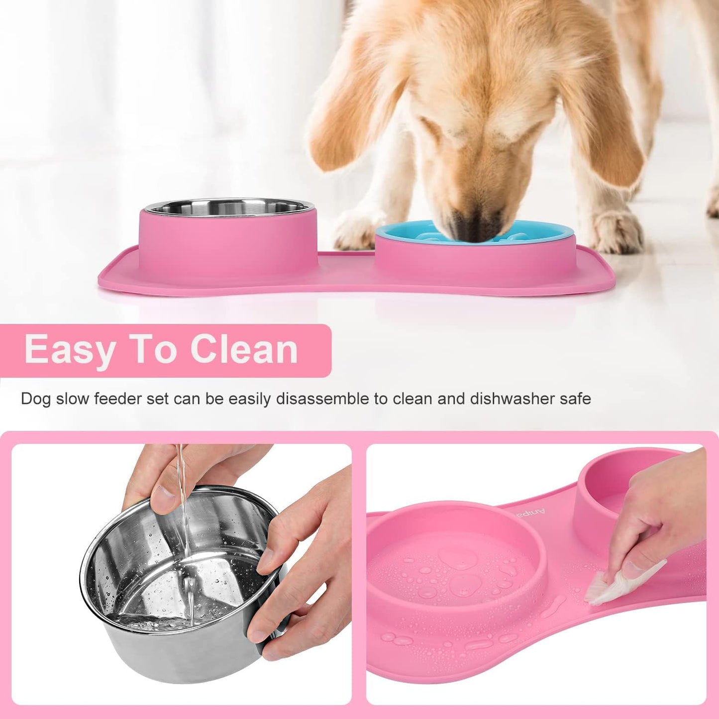 Slow Feeder Dog Bowls 3 in 1 Stainless Steel Dog Food and Water Bowls with Non-Spill Non-Skid Silicone Mat to Slow Down Eating for Large Medium Small Breed Size Dogs and Cats