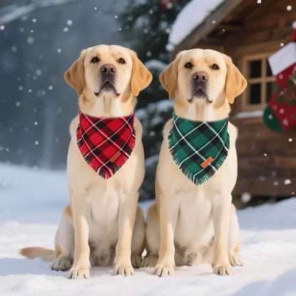 PTDECOR Christmas Dog Bandanas with Tassels Edges, 2 Pack Stylish Red Green Plaid Scarf Bibs, Premium Cotton Fabric, Reversible Triangle Christmas Bandanas for Medium Large Dogs Pets (Large)
