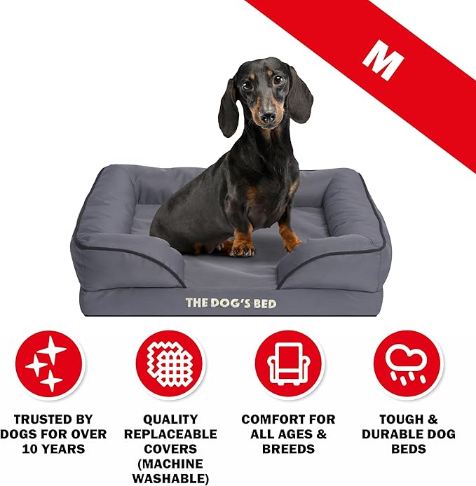 The Dog’s Bed, Orthopedic Standard Foam Waterproof Dog Bed with Standard Support, Medium Grey with Black Trim, Waterproof, Supportive Dog Bed with Replaceable Covers