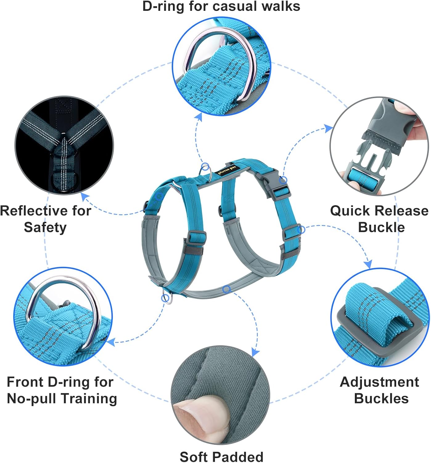 Plutus Pet No Pull Dog Harness, Adjustable Nylon Harness with Soft Padding, Reflective and Heavy Duty Dog Harness for Small, Medium, Large Dogs(Cyan, S)