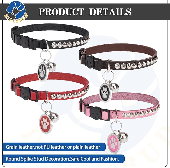 Leather Personalized Breakaway Cat Collar with Studded Bell and Safety Quick Release Buckle - Rivets Studded ID DIY Collars for Boy Girl Cats Kittens, Black XS