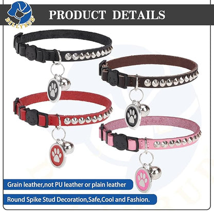 Leather Personalized Breakaway Cat Collar with Studded Bell and Safety Quick Release Buckle - Rivets Studded ID DIY Collars for Boy Girl Cats Kittens, 9" - 11.5" Black