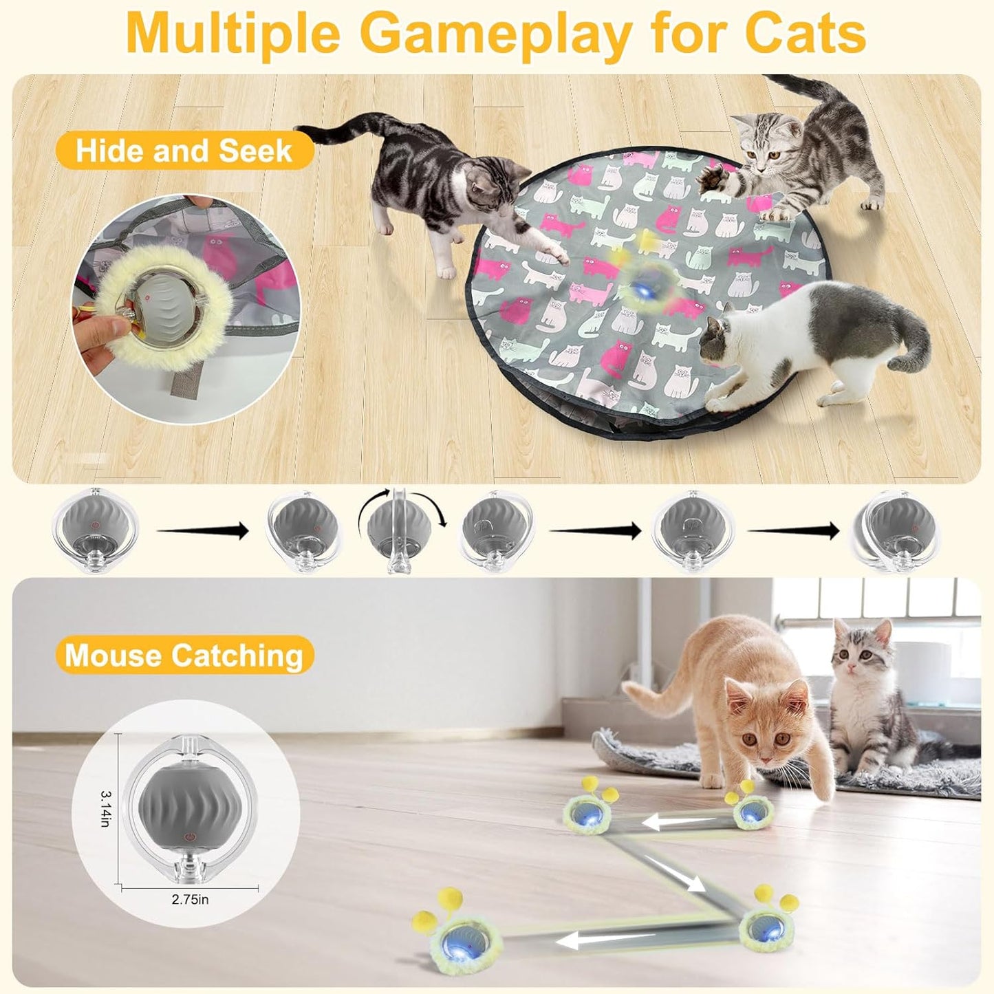 Interactive Cat Toys for Indoor Cats, Automatic Motion Toy in Pouch, Activated Fast Rolling Ball in Play Mat, Hide and Seek Mouse Catching Game with Chirping, LED Light, Auto On/Off (Grey)