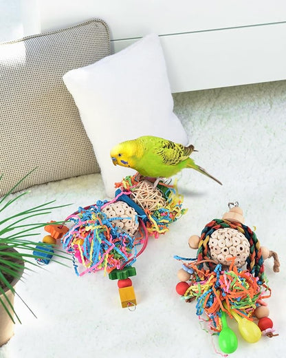 Bissap Conure Toys, 4 PCS Parrot Foraging Shredder Hanging Toys Sola Balls with Sand Hammer Perch Swing Climbing for Small Parrots Parakeets Conures Cockatiels Love Birds Cage Toy