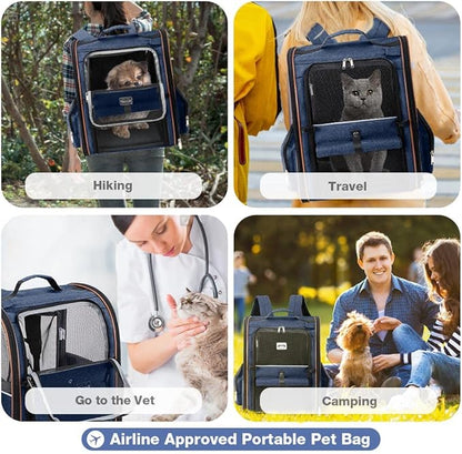 Lekebobor Extra Large Cat Backpack Carrier Expandable Pet Carrier Backpack for Small Dogs Medium Cats Fit Up to 18 Lbs, Dog Backpack Carrier, Foldable Puppy Backpack Carrier for Travel, Hiking,Blue