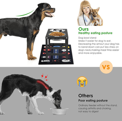 Metal Raised Dog Bowl, 10" Tall Elevate Dog Feeder Stand with 2 Stainless Steel 42oz Bowls & 16x24 Non-Slip Mat – Stronger Dogs Food & Water Bowl Stand (Black)