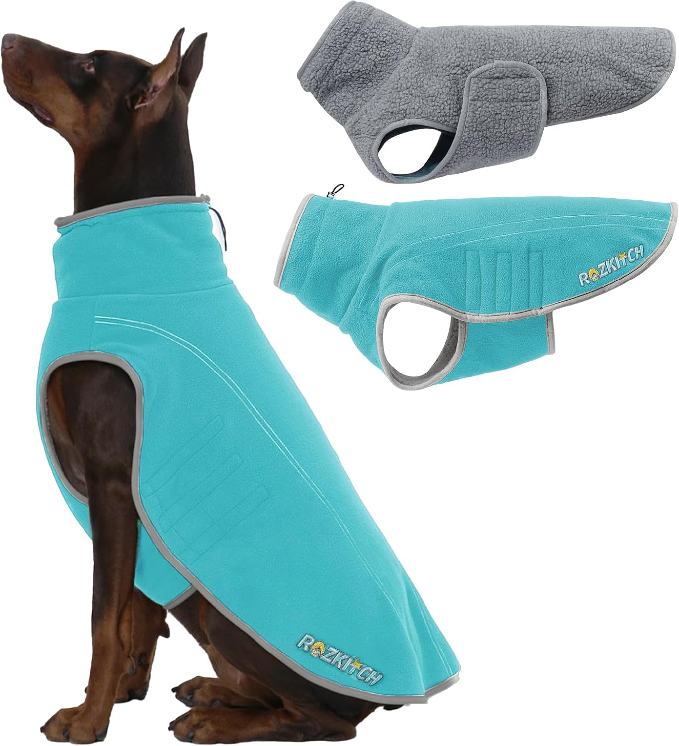 ROZKITCH Reversible Dog Coat Super Warm Fleece Sherpa Sweater with Embroidery, Adjustable Double-Sided Plush Sweatshirt for Small Mdium Large Giant Breeds Bluegreen 4XL