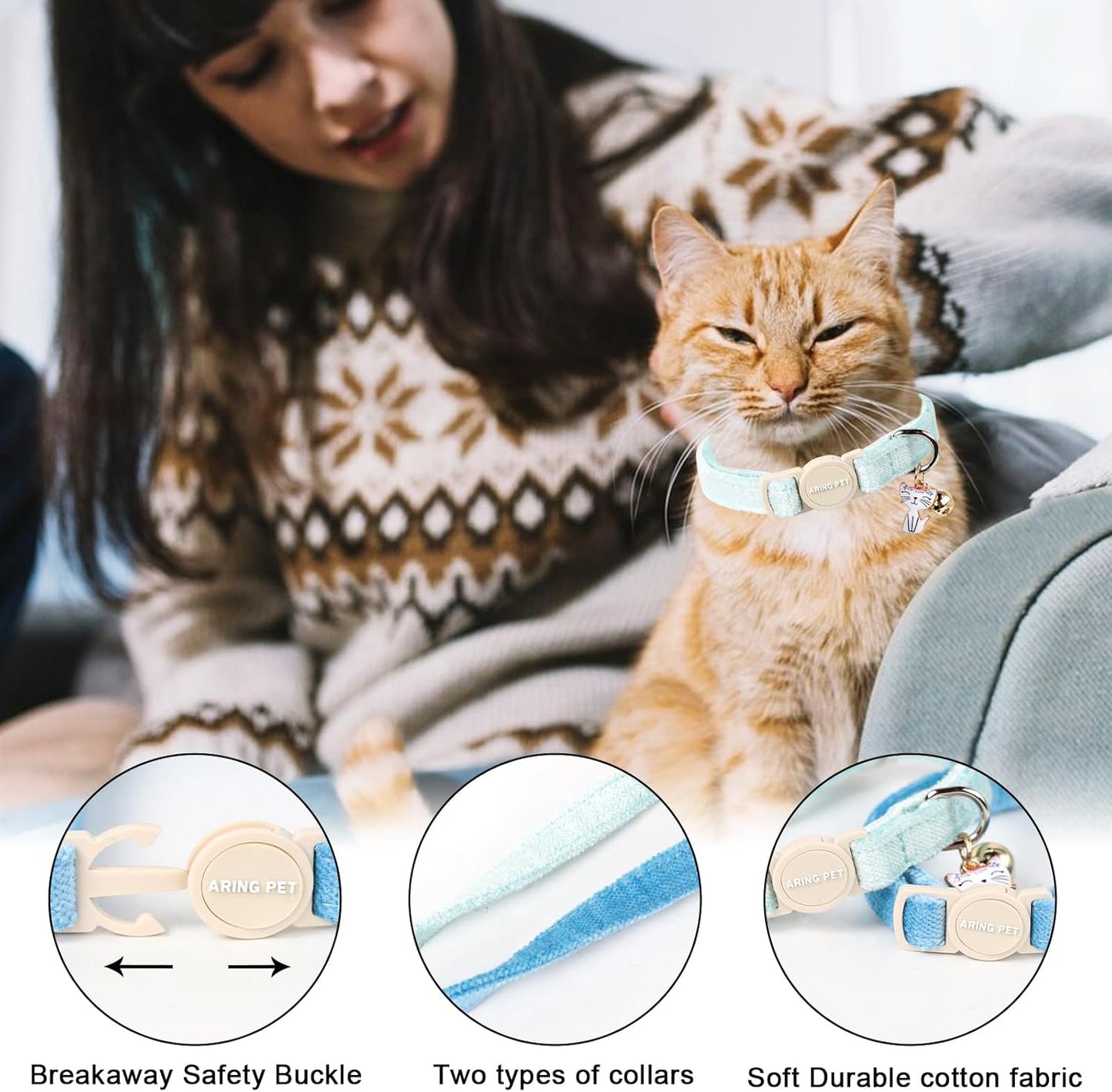 ARING PET 2 Pack Cat Collar-Cute Cotton Cat Collar with Bell & Pendant, Adjustable Blue Green Kitten Collars with Safety Buckle for Girl and Boy Pets