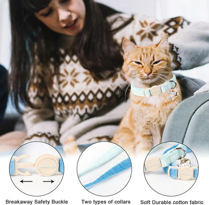 ARING PET 2 Pack Cat Collar-Cute Cotton Cat Collar with Bell & Pendant, Adjustable Blue Green Kitten Collars with Safety Buckle for Girl and Boy Pets