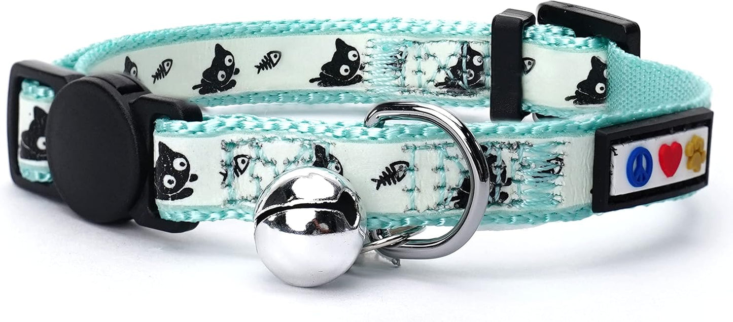 Pawtitas Glow in The Dark Cat Collar Kitten Collar with Safety Buckle and Removable Bell - Teal