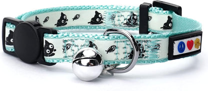 Pawtitas Glow in The Dark Cat Collar Kitten Collar with Safety Buckle and Removable Bell - Teal