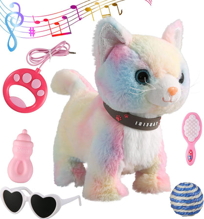 Colorful Walking Cat Set Singing That Purrs and Meows Animated Plush Robot Kitten with Leash Moving Plush Stuffed Animal Remote Control Cute Kawai Robotic Kitty Electronic Kitten Toy for Girl Kid