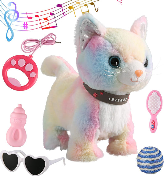 Colorful Walking Cat Set Singing That Purrs and Meows Animated Plush Robot Kitten with Leash Moving Plush Stuffed Animal Remote Control Cute Kawai Robotic Kitty Electronic Kitten Toy for Girl Kid