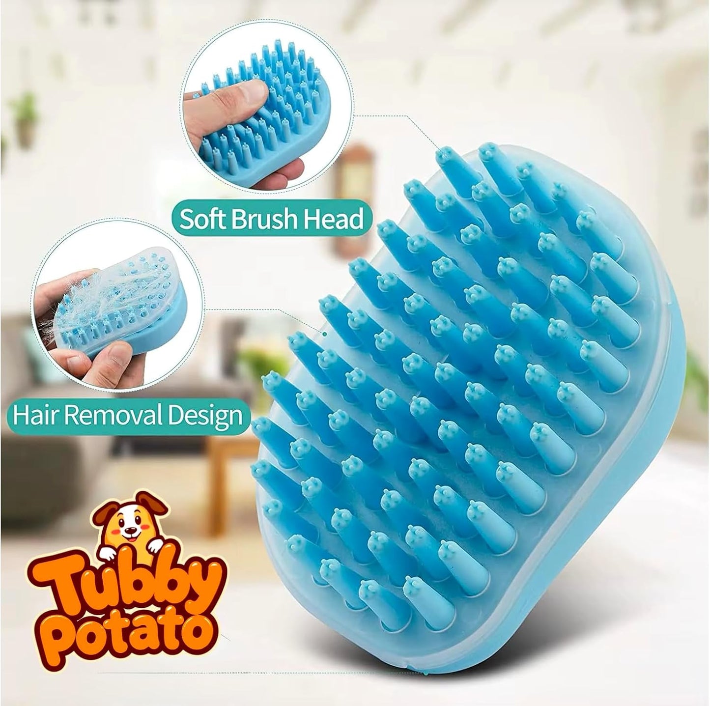 Dog/Cat Curry Brush for Grooming - Tubby Potato™ - Removable Screen, Grooming Massage Bath Brush, Soft Shampoo Scrubber, Washing Scrub Comb with Silicone Bristles for Short & Long Hair Pets