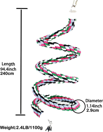 94.4inch Length Colorful Cotton Bendable Rope Perch Swing Bird Chew Toys Amazon Parrots Cage Toys with Bell Swing Climbing Standing Bungee Bird Toys for Regular to Big Size Birds