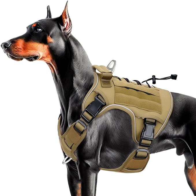 Heavy-Duty Tactical Dog Harness for Large Dogs, No Pull Adjustable Reflective Pet Vest with Molle System, K9 Military-Grade Control for Service Training, Outdoor & 10+ Breeds, Khaki, Large