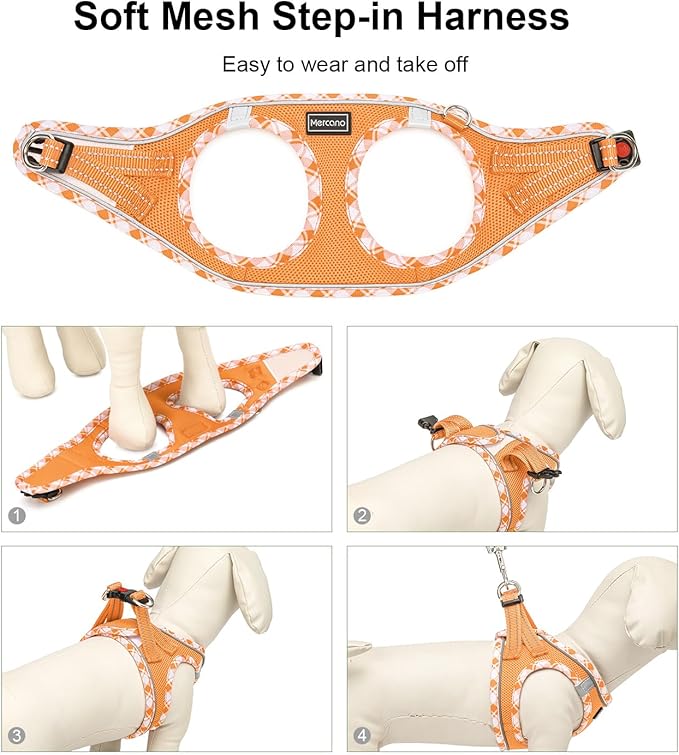 Mercano Soft Mesh Dog Harness and Leash Set, No-Chock Step-in Reflective Breathable Lightweight Easy Walk Vest Harnesses with Safety Buckle for Small Dogs, Cats (Orange, XS)