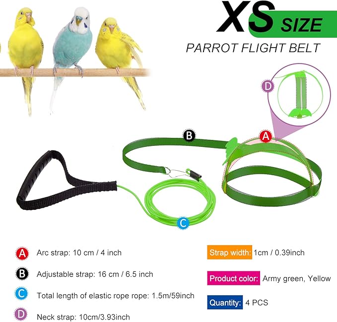 Shappy 4 Pieces Pet Parrot Bird Harness Leash Adjustable Bird Flying Harness Traction Rope with Cute for Parrots Pigeons Budgerigar Lovebird Cockatiel Mynah Outdoor Training Toy (Green, Pink,XS)
