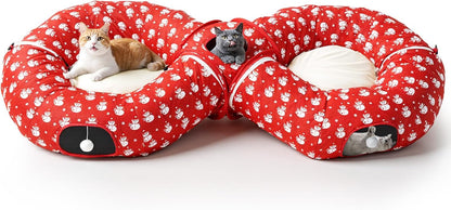 Pawaboo 2-in-1 Cat Tunnel Bed for Indoor Cats, 8-Shaped Large Cat Tunnels with Plush Cushions, Foldable Cats Cave Hideout Kitty Toys with Fluffy Balls, Donut Tunnel for Kitten Rabbit Ferret, Red