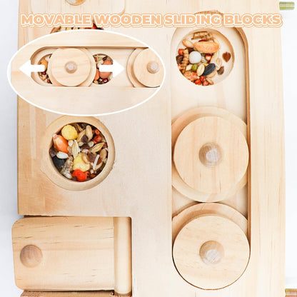 Wooden Bird Foraging Puzzle – Interactive Food Challenge Toy with Sliding Blocks & Locks | Cage-Mounted Enrichment for Budgies, Cockatiels, Conures