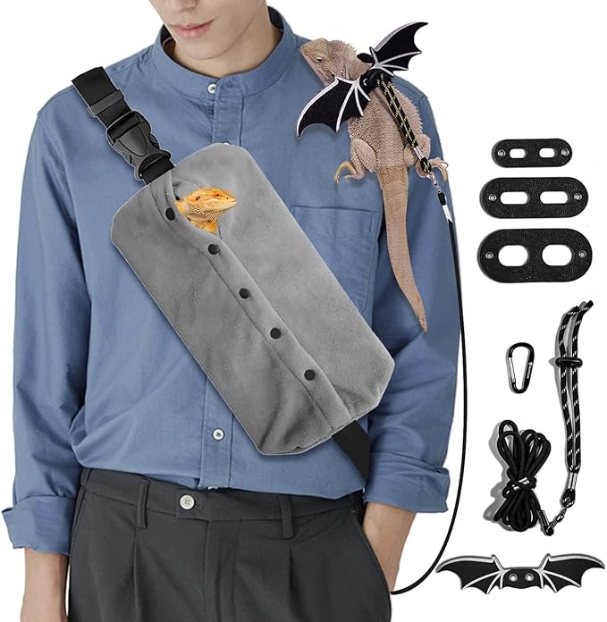 WATFOON Adjustable Lizard Leather Leash Harness and Bearded Dragon Carrier Sling, Reptile Small Pet Training Leashes and Beardie Snuggle Bag for Outdoor Travel(XL Grey Sling)