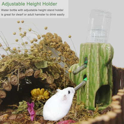 2-in-1 Adjustable Hamster Water Bottle for Glass Tank, 80ML Gerbil Water Bottle with Stand, No Drip Ceramic Holder for Dwarf Hamster, Mice, Rat (White)