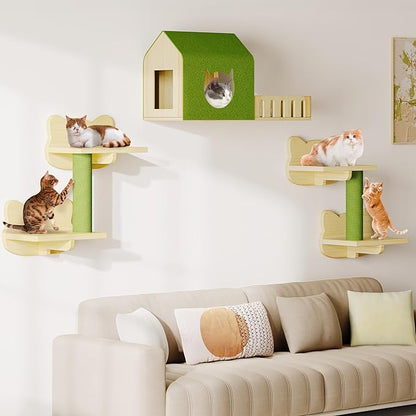 DWVO Cat Wall Shelves and Perches for Wall, Solid Wood Wall Mounted Cat Furniture, Set of 7 Cats Climbing Shelves for Large Cats with Green Wall House and Fence, Steps, Scratching Posts