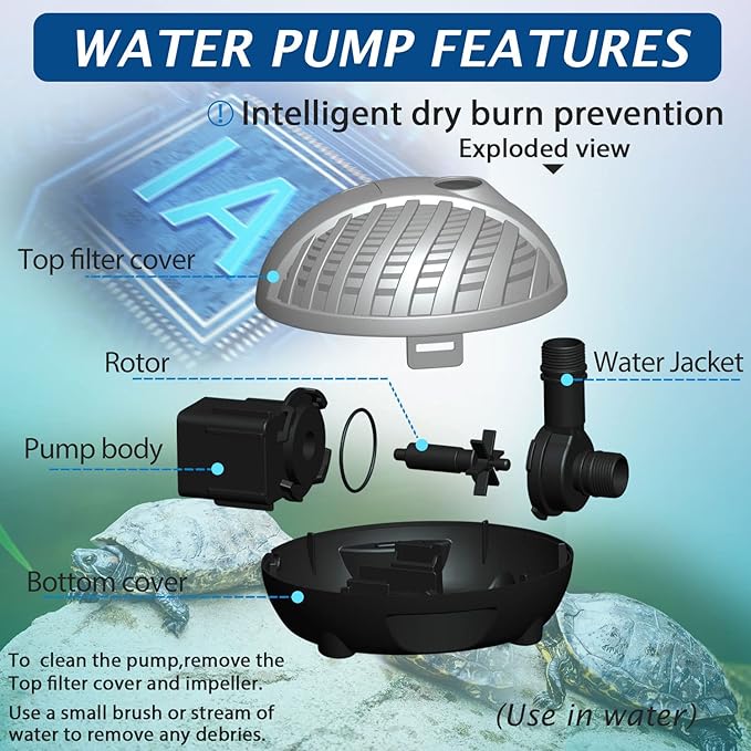 WaterRebirth Modern Turtle Shell Submersible Pond Aquarium Pump - 792GPH, 4 Fountain Heads, 20Ft Cord