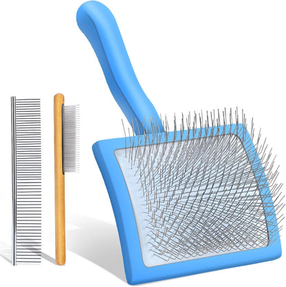 Dog Slicker Brush for Medium or Long Haired Dogs, Long Pin Slicker Brush for Removes Loose Hair, Tangles and Knots, Best Grooming Tools for Small Animals, Large, Free Pet Comb, Blue