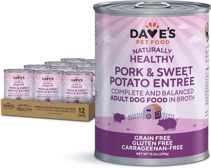 Dave’s Dog Food Grain Free Dog Food Wet (Pork & Sweet Potato in Broth), Made in Canada Naturally Healthy Canned Topper, Gluten Free, 13.2 oz (12 Pack)