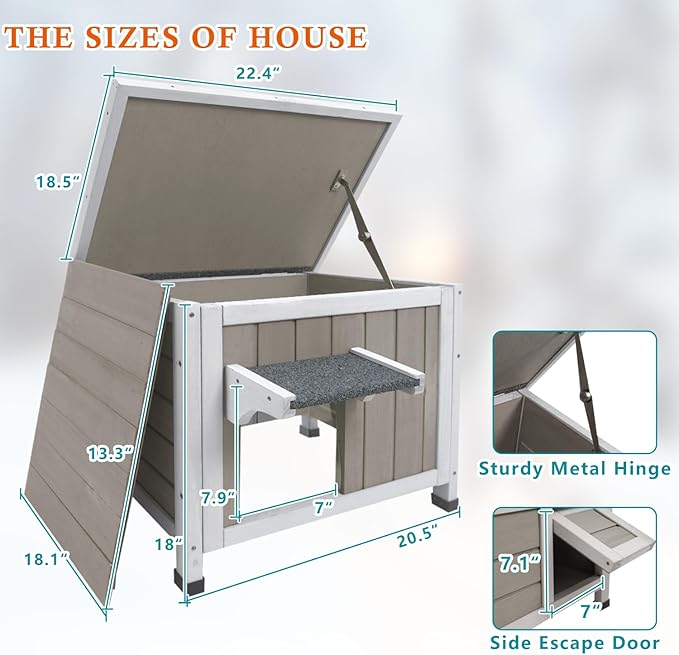 Insulated Cat House Outdoor Cat Shelter for Feral Cats in Winter,All-Round Foam Insulation Weatherproof Wooden Cat Houses for Cats Rabbits and Small Animals with Escape Door Open Roof