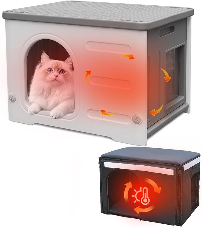 Insulated Cat House Outdoor Weatherpoof Plastic Cats Houses with Escape Door Indoor Waterproof Feral/Pet Cat Shelter Outside for Puppy, Rabbit for Winter