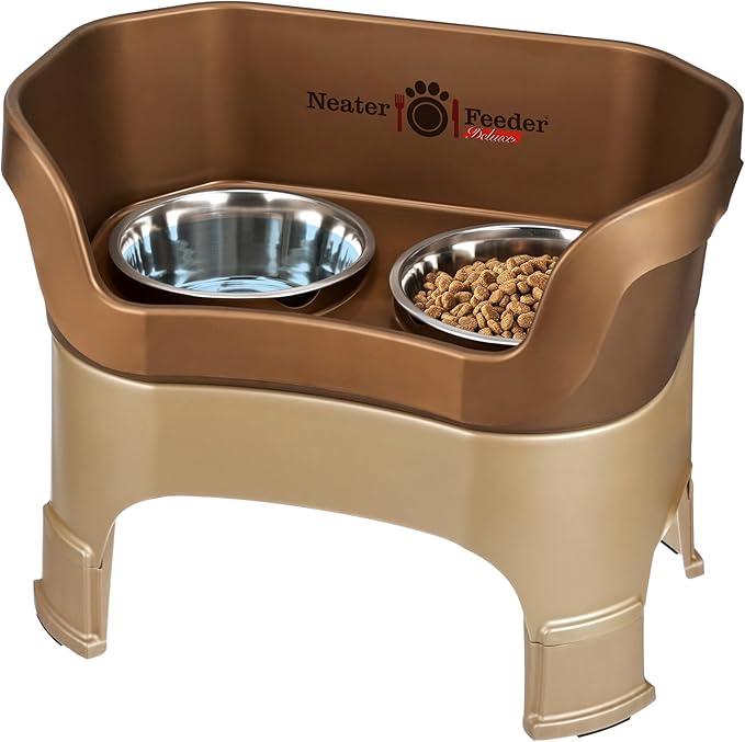 Neater Feeder Deluxe Mess Proof Dog Bowls Elevated for Large Dogs – Made in USA – No Spill Raised Dog Food Bowl Stand w/Leg Extensions – Stainless Steel Dog Food and Water Bowl Set – Bronze