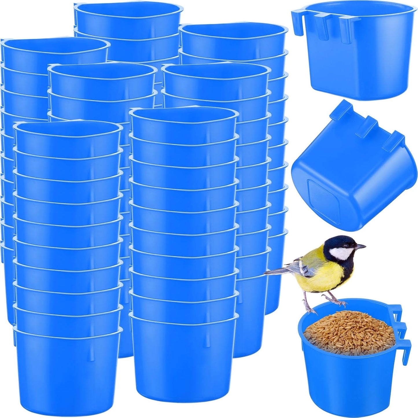 120 Pcs Cage Cups Chicken Birds Feeder Cups Plastic Hanging Chicken Feeders and Waterers 8 oz Feeding Bowl for Gamefowl Supplies Pet Pigeon Poultry Parrot Parakeet Rooster Rabbit(Blue)