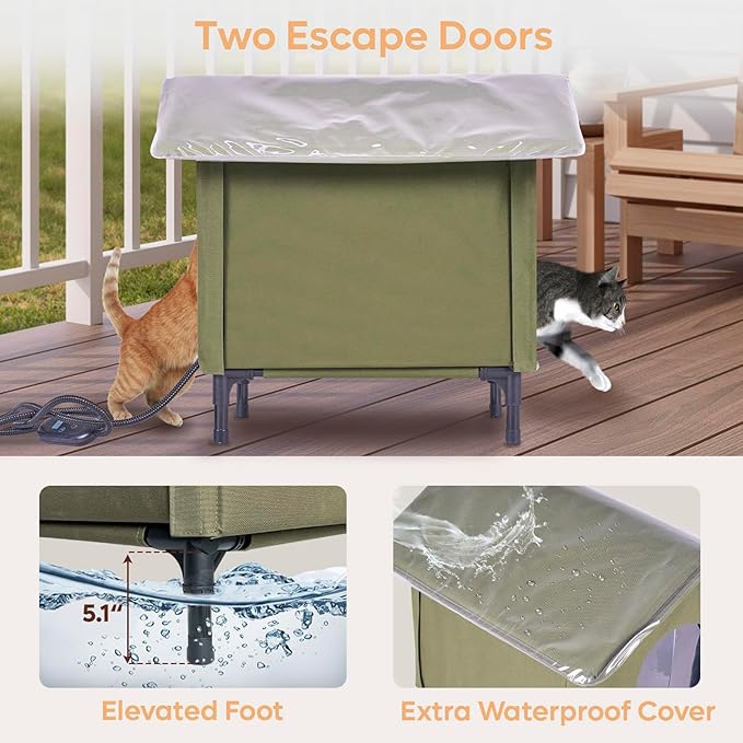 Large Heated Cat House for Outside, Insulated Weatherproof Outdoor Feral Cat House with Timer & Adjustable Temperature Heater Pad, Elevated Pet House with Escape Door for Winter, Barn, Porch