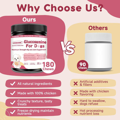 Glucosamine for Dogs - Joint Supplement for Dogs with Chondroitin, MSM, Omega 3, Hemp, Turmeric for Dog Joint Pain Relief, Dog Joint Supplement with Calcium Support Cartilage & Bone Health, 180 Chews