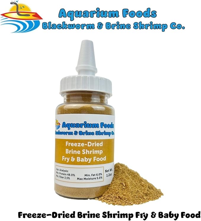 Aquatic Foods Inc. Brine Shrimp Powder-Small Bits Fry & Baby Food, for Freshwater Fish, Marines, Baby Pond Fish, Corals, Anemones, All Tiny Nanos, Fry and Babies…1.2oz Sm Squeeze Bottle