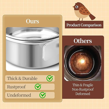 Bird Cage Feeder, Bird Feeder for Cage, 2 Pcs 10oz Stainless Steel Food Water Bowls with Clamp, Hanging Coop Cups for Parrot Cockatiel Hamster Rabbit Rat Small Animals