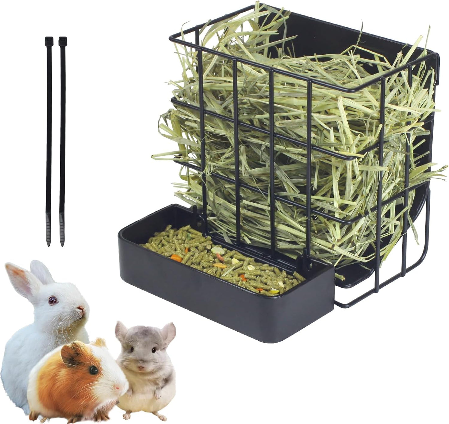 Rabbit Hay Feeder Guinea Pig Hay Feeder, Hay and Food Holder with Hook Heavy-Duty Metal Frame Hay Rack，for Bunny, Guinea Pigs,Chinchillas， Comes with Two Multifunctional Zippers-6.8x6.7x6.6inch