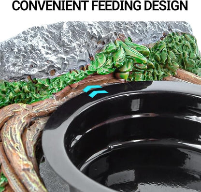 REPTI ZOO Crested Gecko Feeding Ledge, Reptile Water Food Dish for Bearded Dragon Lizard Snake Turtle, Vine Reptile Feeder Ledge Bowl with 2PCS Cups