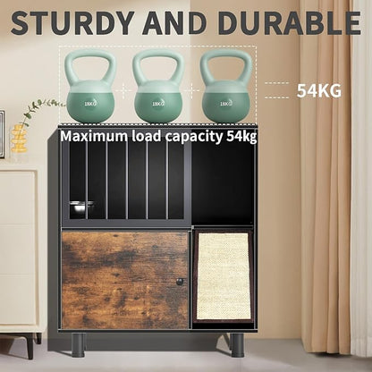 Wood Dog Proof Cat Feeding Station with Storage Box and Removable Bowl, Outdoor Cat Feeding Table with Scratching Board, Vintage Pet Furniture for Indoor