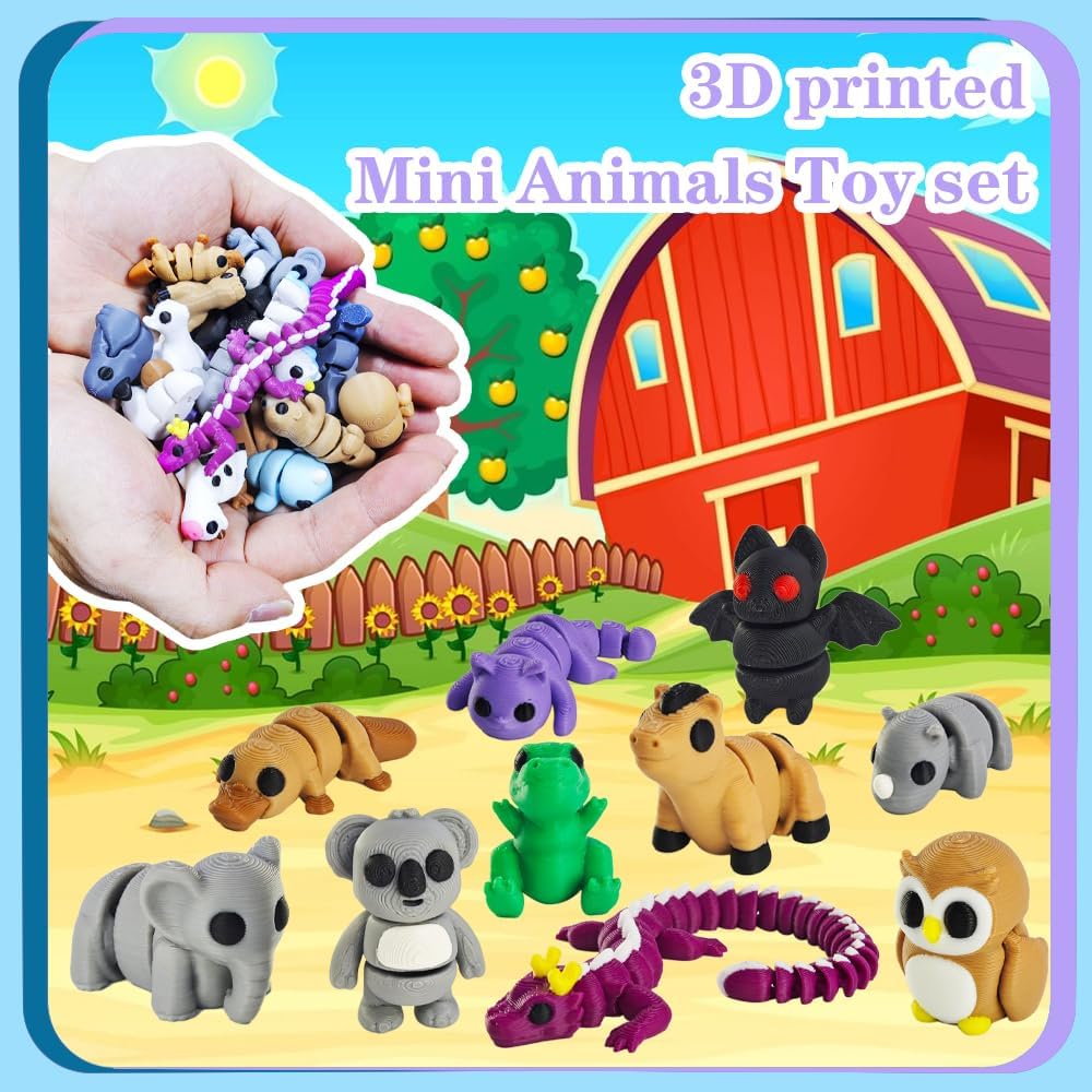22 pcs Animal Figurines, 3D Printed Animal Figurines Set, Articulated, Party Favors, Pocket Fidget Toys Bulk, Goodie Bag Stuffers, Gifts for Boys Girls Toddlers, Office Desk Pets, Classroom rewards