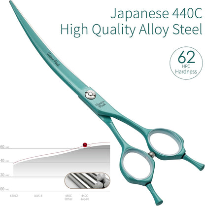 Fenice Peak Curved Dog Grooming Scissors with Green Color Coating 440C Stainless Steel Pet Grooming Bending Shears Sharp and Durable Comfortable Engonomic Handle