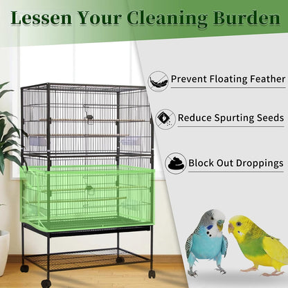 Daoeny Large Bird Cage Cover, Bird Cage Seed Catcher, Adjustable Soft Airy Nylon Mesh Net, Birdcage Cover Skirt Seed Guard for Parrot Parakeet Macaw African Round Square Cages (Green)