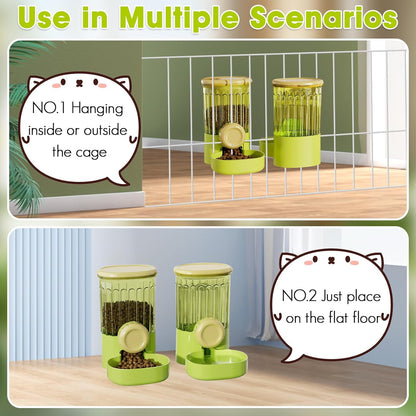 Hanging Small Pet Feeder and Water Dispenser, 1L Auto Cat Food Bowl and 0.8L Water Bottle Dispenser, Auto Gravity Pet Feeder and Waterer Set for Puppy, Kitten, Rabbit and Small Pets (Green)
