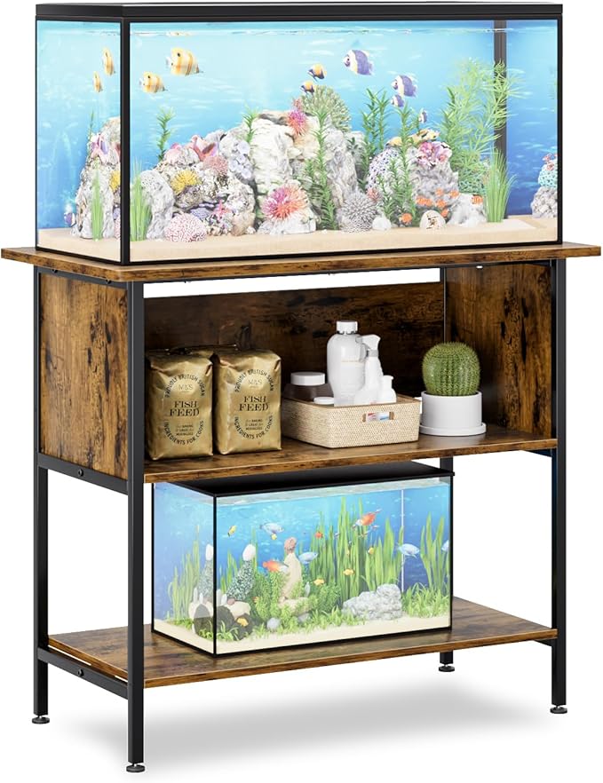 APPLOYN 40-50 Gallon Fish Tank Stand, Aquarium Stand with 3-Tier Storage Shelf, Heavy Duty Metal Frame for Turtle Reptile Terrarium Tank Stand, for Living Room, Office, 36.6" L x 18.9" W x 31.5" H, Black, Vintage Brown