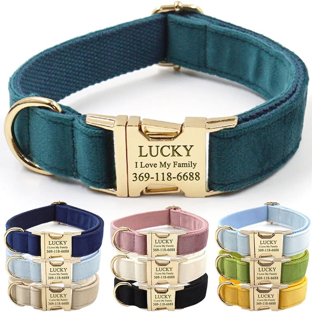 PETDURO Custom Dog Collar Personalized with Name Engraved Quick Release Rose Gold Metal Buckle for Large Medium Small Girl Dogs - Dog Leash and Bow Tie Available - Soft Comfy Velvet (Gem Green, XL)