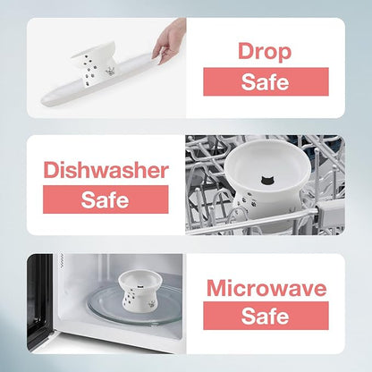 Necoichi Raised Cat Food Bowl – Ceramic Elevated Cat Bowl for Whisker & Neck Fatigue, Dishwasher Microwave Safe – Non-Slip & Anti Vomiting Ergonomic Design (Cats, Regular)