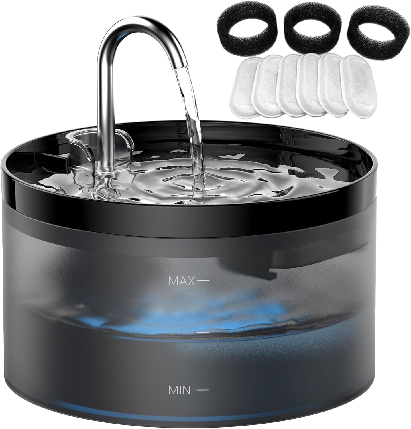 Cat Water Fountain Pet Fountain: 67oz/2L Cat Water Dispenser - Black Pet Dispenser - Faucet Dog Bowl - with 6 Filters + 3 Sponges - GIOTOHUN