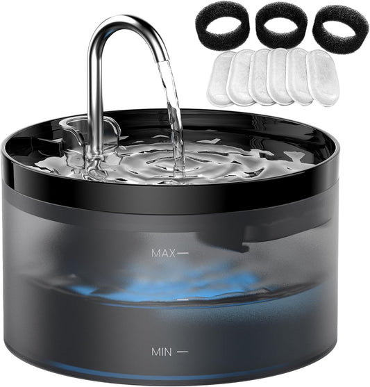 Cat Water Fountain Pet Fountain: 67oz/2L Cat Water Dispenser - Black Pet Dispenser - Faucet Dog Bowl - with 6 Filters + 3 Sponges - GIOTOHUN